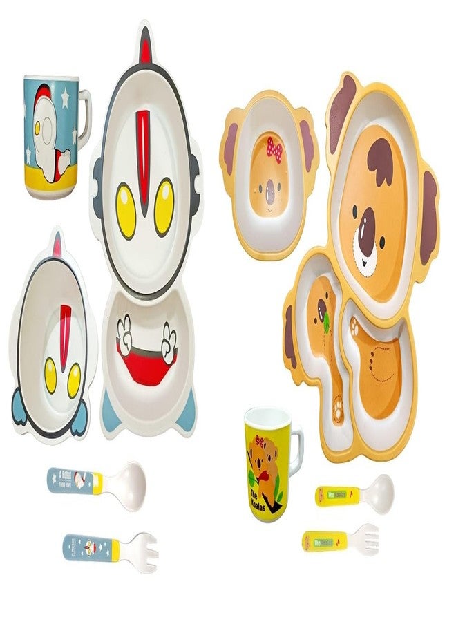 Deepashri™ Set of 2 Bamboo Fibre Dinner Set for Kids - Tableware Set Plate Bowl Cup Fork and Spoon | Feeding Utensils for Kids and Toddlers Eco-Friendly & Biodegradable | 5 Pieces Each. (Alien+Kola) - Image 1