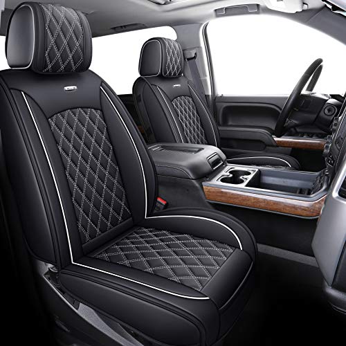 Aierxuan Front Seat Covers Chevy Silverado GMC Sierra Pickup Trail Boss Z71 Custom Fit 2007-2024 1500 2500HD 3500HD Crew Double Extended Cab Waterproof Leather Seat Protectors(2 PCS Front, Black-White) - Image 2