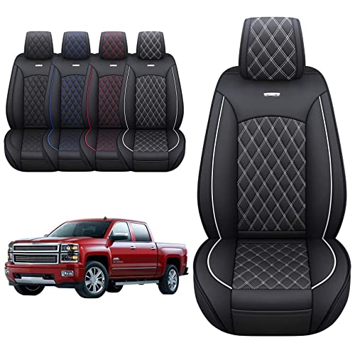 Aierxuan Front Seat Covers Chevy Silverado GMC Sierra Pickup Trail Boss Z71 Custom Fit 2007-2024 1500 2500HD 3500HD Crew Double Extended Cab Waterproof Leather Seat Protectors(2 PCS Front, Black-White) - Image 1