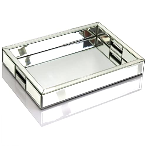 QMDECOR Rectangle Silver Mirror Decorative Tray Size 11” Length x 14” Width x 2” Height, Mirrored Vanity Organizer with Hand, Markup Perfume Jewelry Tray for Bathroom Bedroom Dresser Coffee Table qmdecor - Image 1