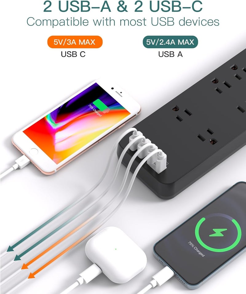 Addtam Power Strip - Surge Protector with 10 Outlets and 4 USB Ports, 6 Feet Extension Cord with Flat Plug, 2700 Joules, ETL Listed, Black - Image 4