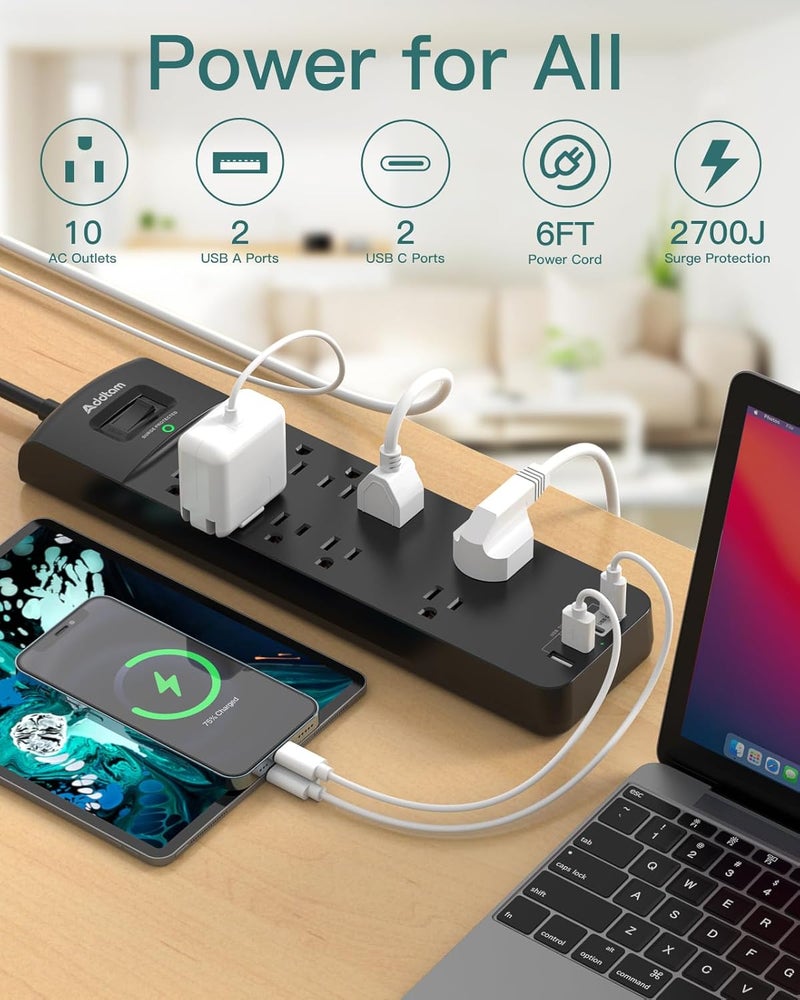 Addtam Power Strip - Surge Protector with 10 Outlets and 4 USB Ports, 6 Feet Extension Cord with Flat Plug, 2700 Joules, ETL Listed, Black - Image 1