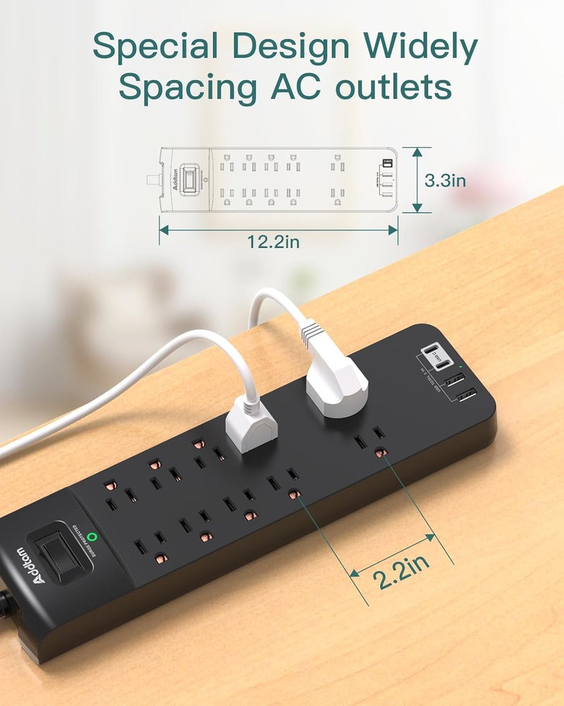 Addtam Power Strip - Surge Protector with 10 Outlets and 4 USB Ports, 6 Feet Extension Cord with Flat Plug, 2700 Joules, ETL Listed, Black - Image 2