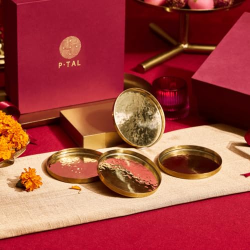 P-TAL Handcrafted Pure Brass Coasters Set of 4 – Plain Golden Finish | Traditional Tableware | 3.54 Inch Round Drink Coasters - Image 1