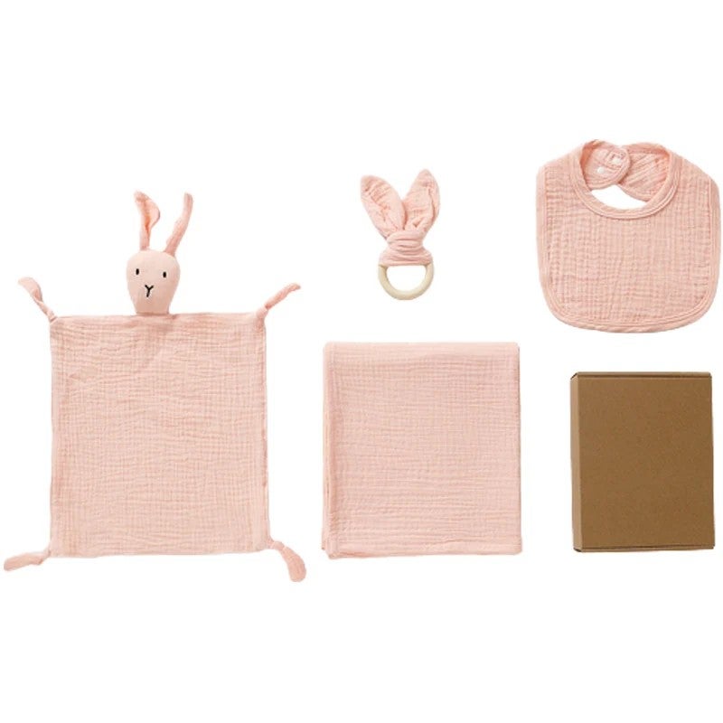 Bluejw 100% Cotton Muslin Swaddle Blanket Set: Bunny Teether Toy & Bibs - Newborn Swaddlers Gift - Image 1
