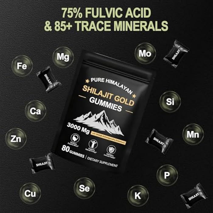 Shilajit Gummies for Men & Women, Rich in Ashwagandha Gaulshura Fulvic Acid 85 Micronutrients, No Added Sugar Non-GMO 100% Natural Organic, Energy Support & Overall Health, 80 Gummies - Image 3