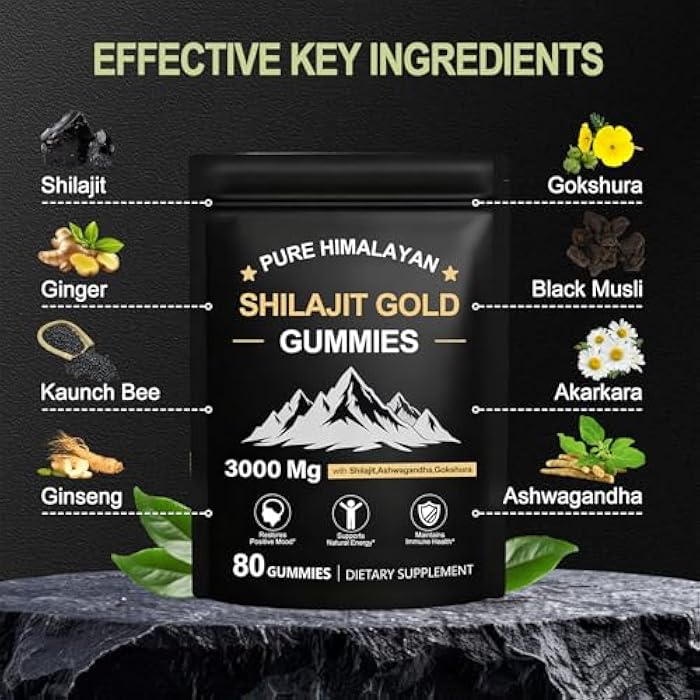 Shilajit Gummies for Men & Women, Rich in Ashwagandha Gaulshura Fulvic Acid 85 Micronutrients, No Added Sugar Non-GMO 100% Natural Organic, Energy Support & Overall Health, 80 Gummies - Image 2