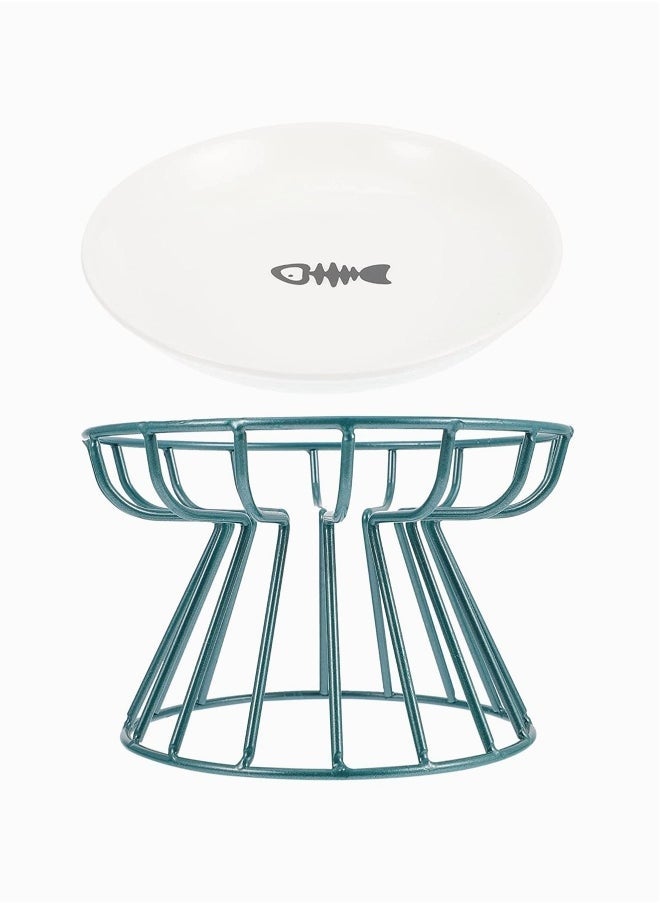 Pet Feeding Dish with Stand, Ceramic Cat Bowl, Raised Puppy Kitten Food Dispenser (Green)