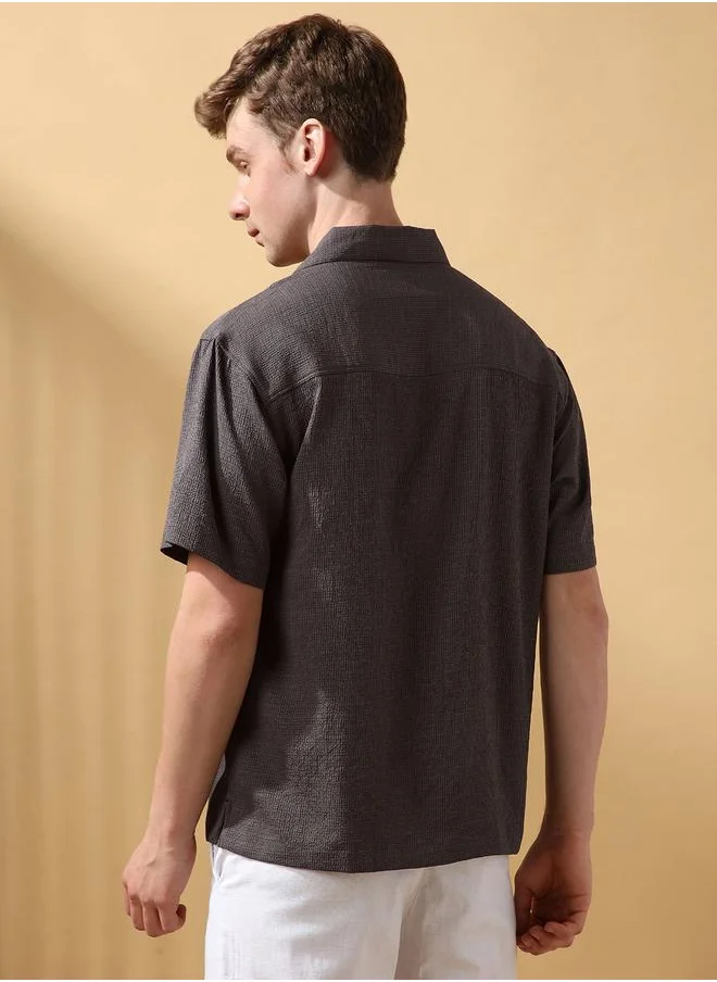 دينيس لينغو Dark Grey Poly stretch Textured Pattern Relaxed Fit Shirts for Men with Cuban Collar Neckline Half Sleeves Regular Length Upper Body Wear Button Down Button Closure Woven Weave - Perfect for Lifestyle Occasions