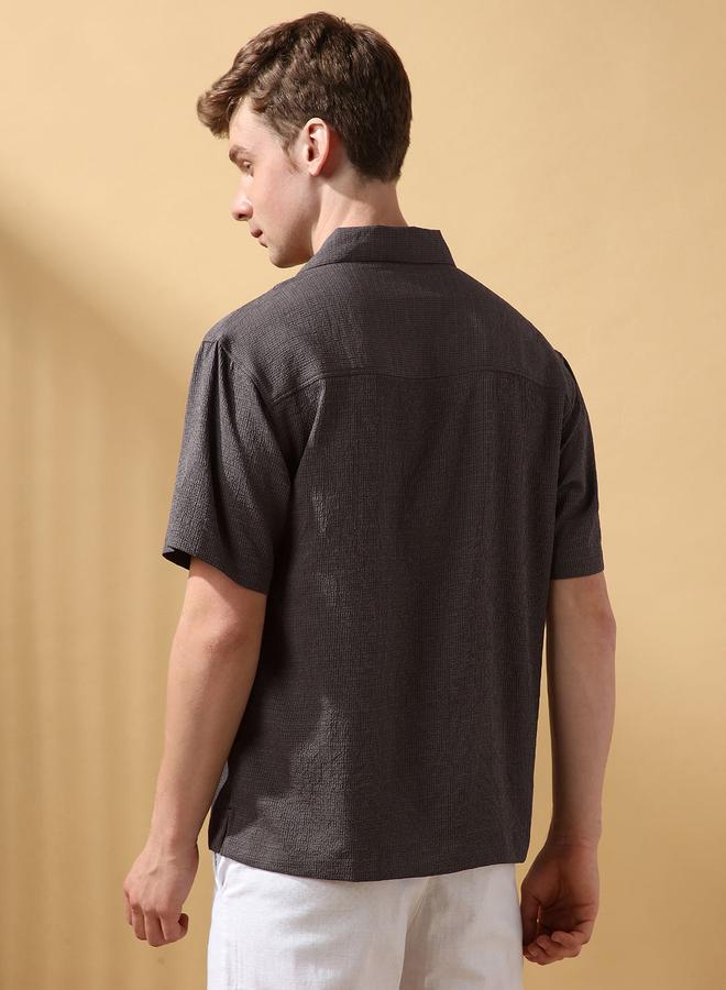 Dennis Lingo Men's Dark Grey 100% Polyester Textured Button Down Relaxed Shirt  - Image 3