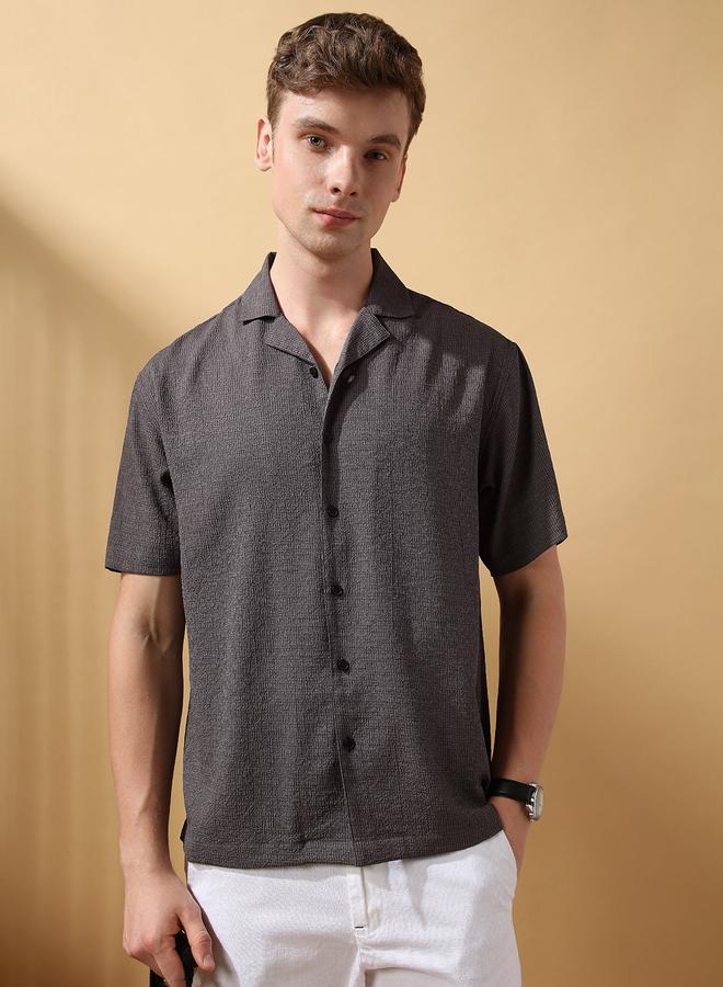 Dennis Lingo Men's Dark Grey 100% Polyester Textured Button Down Relaxed Shirt  - Image 1