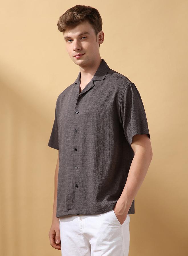 Dennis Lingo Men's Dark Grey 100% Polyester Textured Button Down Relaxed Shirt  - Image 2