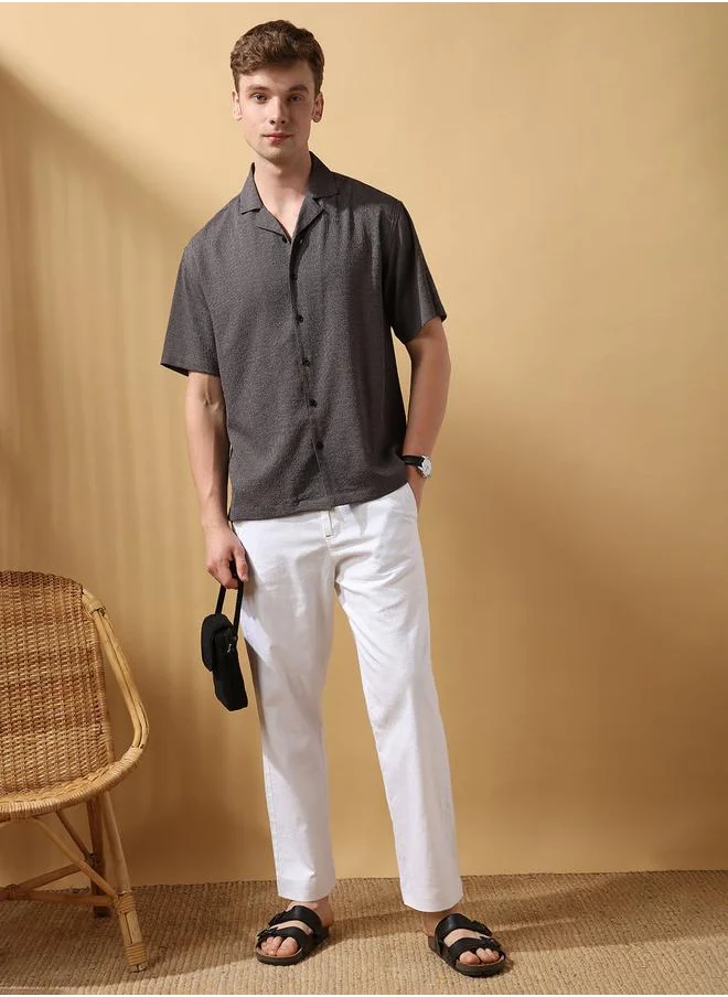 دينيس لينغو Dark Grey Poly stretch Textured Pattern Relaxed Fit Shirts for Men with Cuban Collar Neckline Half Sleeves Regular Length Upper Body Wear Button Down Button Closure Woven Weave - Perfect for Lifestyle Occasions