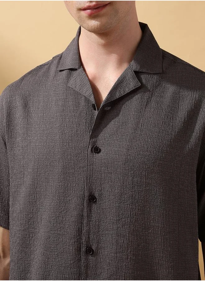 دينيس لينغو Dark Grey Poly stretch Textured Pattern Relaxed Fit Shirts for Men with Cuban Collar Neckline Half Sleeves Regular Length Upper Body Wear Button Down Button Closure Woven Weave - Perfect for Lifestyle Occasions