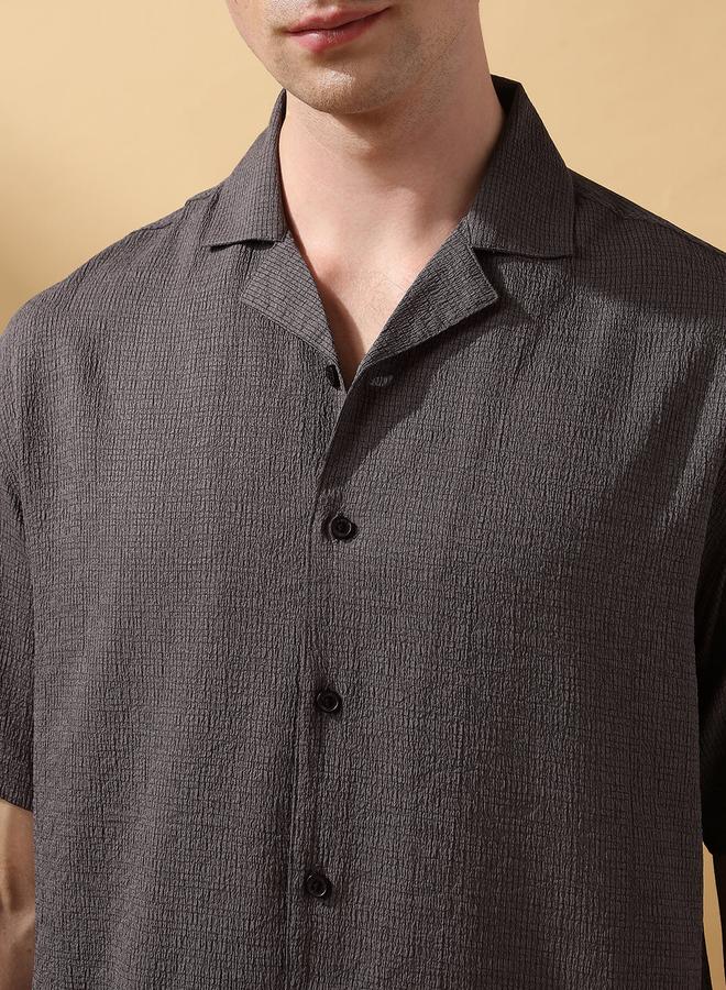 Dennis Lingo Men's Dark Grey 100% Polyester Textured Button Down Relaxed Shirt  - Image 5