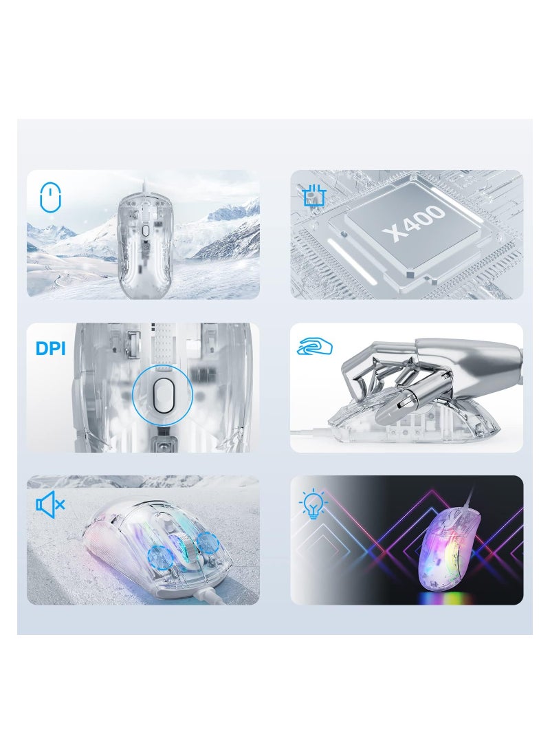 KASTWAVE - Clear Wired USB Gaming Mouse, Transparent Shell Computer Mice with 12800 Max DPI, 3D RGB Backlit, High Precision (White) - Image 1