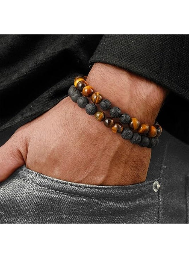 Beaded Bracelets for Mens Gifts - Natural Stone 8mm Tiger Eye Matte Agate Lava Rock Bracelets for Men Teen Boys Birthday Anniversary  Gifts for Men Teens Grandpa（2 PCS） - Image 5
