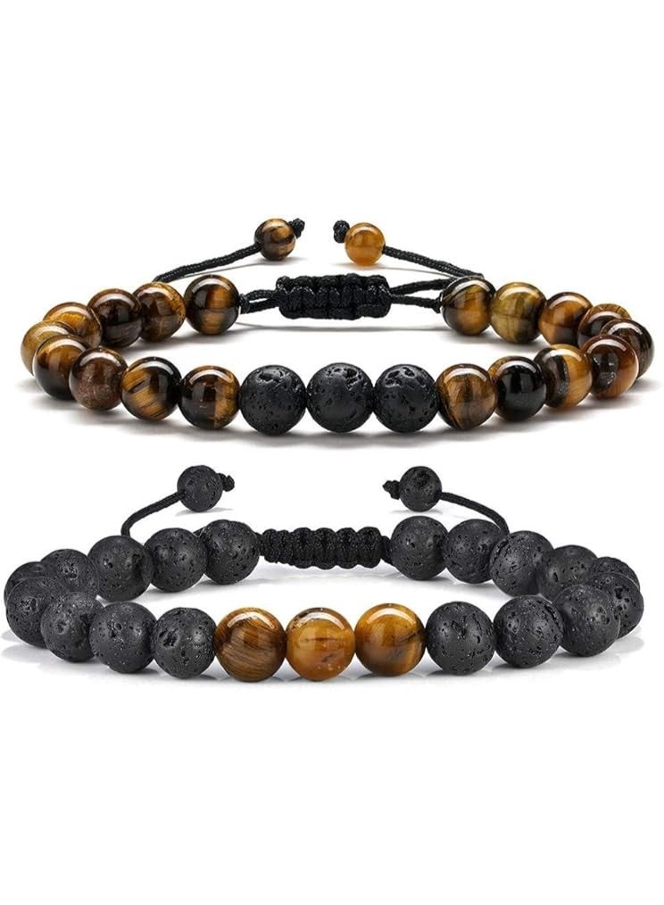 Beaded Bracelets for Mens Gifts - Natural Stone 8mm Tiger Eye Matte Agate Lava Rock Bracelets for Men Teen Boys Birthday Anniversary  Gifts for Men Teens Grandpa（2 PCS） - Image 1
