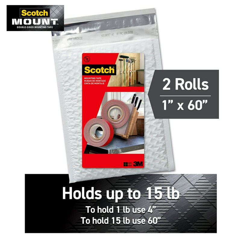 Scotch Outdoor Mounting Tape, 2 Rolls, 1 in x 60 in (5ft), Holds up to 15 lbs, Delivers Strong & Permanent Bond On Contact, Great On Glass, Tile, Acrylic & Metal, Easy-To-Apply (OT-411-2NA) - Image 2