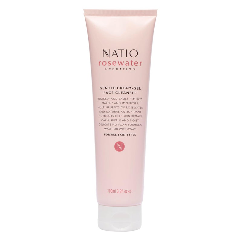 Natio Australia Rosewater Hydration Gentle Cream-Gel Face Cleanser, 3.3 oz - Facial Cleanser with Rosewater - Travel Size Face Wash for All Skin Types - Image 1