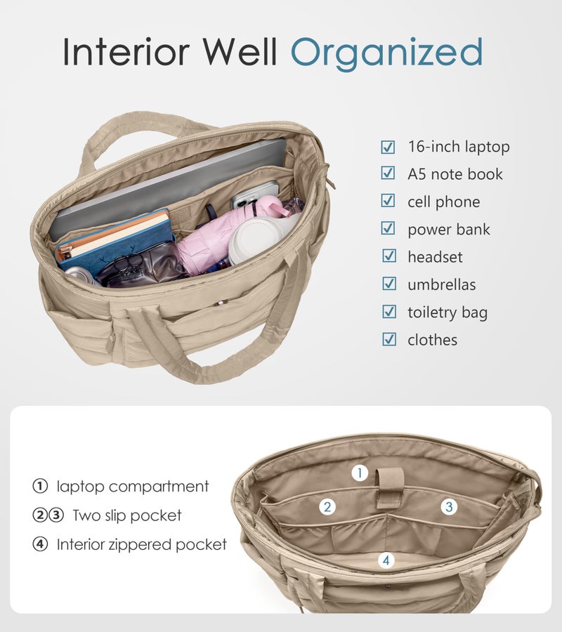 Uselike Tote Bag for Women with Zipper, Quilted Puffer Tote Bag with Compartments, Lightweight Puffy Work Bags for Women Travel (Desert) - Image 4