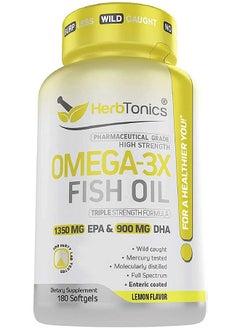Herbtonics High Strength Omega 3 Fish Oil Supplement 3750Mg (High Epa 1350Mg + Dha 900Mg) Fish Oil Omega 3 Pills Triple Strength Burpless Wild Caught Fish Oil Capsules Heart Health Joint Support (180)  - Image 1