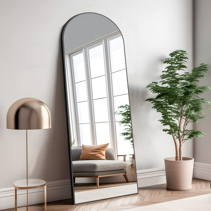65X22 FULL LENGTH MIRROR WOODEN ARCHED HANGING OR LEANING AGAINST WALL OVERSIZED LARGE BEDROOM MIRROR DRESSING MIRROR SHATTERPROOF BLACK