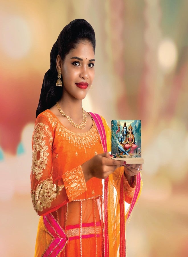 Giftplease Divine Lord Shiva & Goddess Parvati Plaque with Wooden Stand | Religious Photo Frame for Home Temple, Pooja Room, Office & Spiritual Gift for Housewarming, Wedding & Festivals GD_25 - Image 3