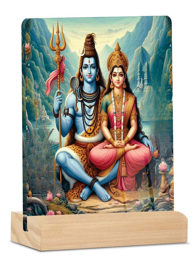 Giftplease Divine Lord Shiva & Goddess Parvati Plaque with Wooden Stand | Religious Photo Frame for Home Temple, Pooja Room, Office & Spiritual Gift for Housewarming, Wedding & Festivals GD_25 - Image 1
