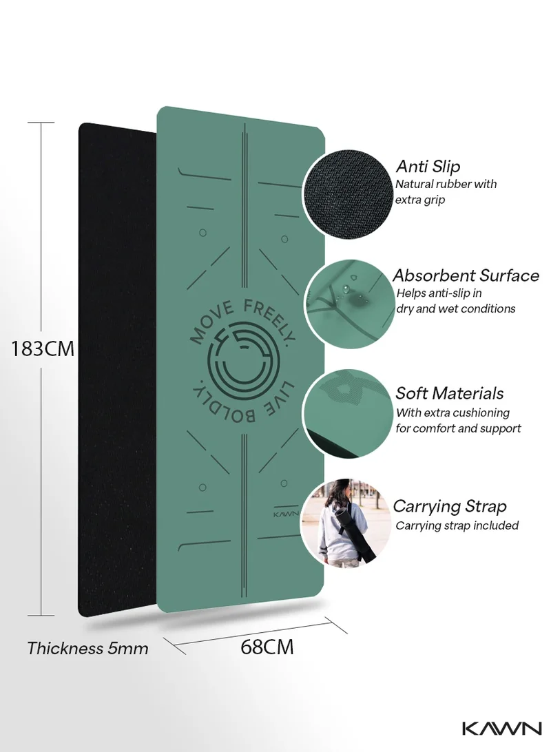 KAWN.YOGA Light Green Mat. Non-Slip. Strap Included. High Performance Material Exercise Mat Ideal For Hiit, Plates, Yoga And Other Workouts
