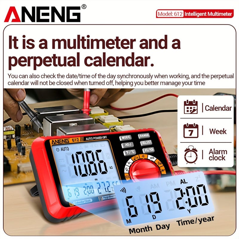 612 Black BL Digital Multimeter 4000 Counts AC DC Ammeter Voltmeter Tester Perpetual Calendar Thermometer Hygrometer Hz Capacitance Resistance Diode Measuring Tool Power Off - Image 1