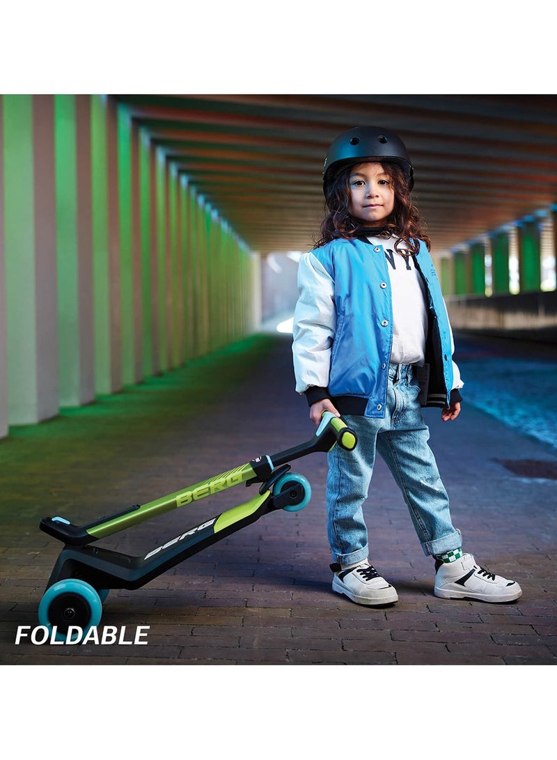 BERG Nexo Foldable LED-Deck Scooter for Kids with Lights - Adjustable Handlebar, Non-Slip Deck - Ages 2-12 - Lime Color