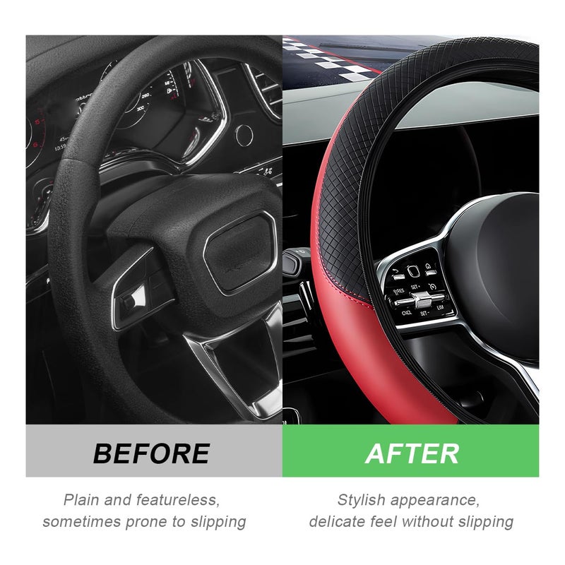 DXNQ Car Steering Wheel Cover, 15 Inch Carbon Fiber Leather Stitching Color Steering Wheel Protector, Anti-Slip Elastic Breathable Steering Wheel Cover Stylish Decor for Most Cars (Black&Red, AD) - Image 4