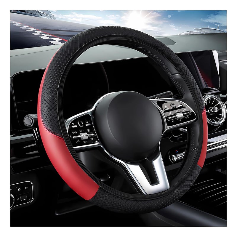 DXNQ Car Steering Wheel Cover, 15 Inch Carbon Fiber Leather Stitching Color Steering Wheel Protector, Anti-Slip Elastic Breathable Steering Wheel Cover Stylish Decor for Most Cars (Black&Red, AD) - Image 1