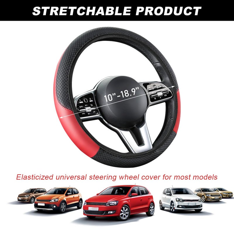 DXNQ Car Steering Wheel Cover, 15 Inch Carbon Fiber Leather Stitching Color Steering Wheel Protector, Anti-Slip Elastic Breathable Steering Wheel Cover Stylish Decor for Most Cars (Black&Red, AD) - Image 2