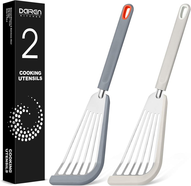 DaiRen Kitchen Silicone Fish Spatula Turner Set of 2, Thin Slotted Spatulas Turner for Nonstick Cookware,Heat Resistant Flexible Stainless Steel Kitchen Cooking Spatula Flipper for Fish, Egg, Pancake (KG) - Image 1