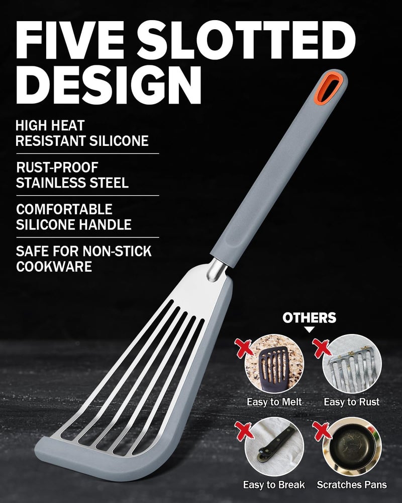 DaiRen Kitchen Silicone Fish Spatula Turner Set of 2, Thin Slotted Spatulas Turner for Nonstick Cookware,Heat Resistant Flexible Stainless Steel Kitchen Cooking Spatula Flipper for Fish, Egg, Pancake (KG) - Image 2