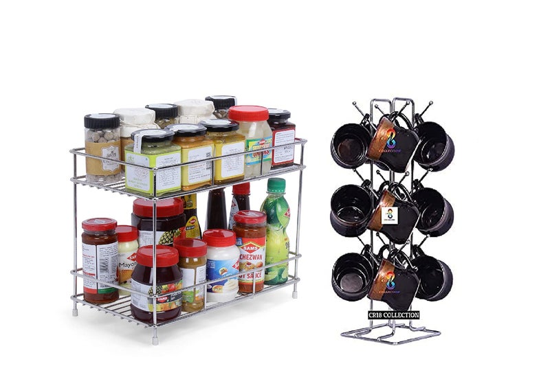 12FOR COLLECTION BIG SIZE Stainless Steel 2 Layer Kitchen Spice Rack| Modular Kitchen Storage Rack Big Size Stainless Steel Cup Stand, Coffee and Tea Mug Holder (Silver, 12 Cups Stand, Step Shelf) - Image 1