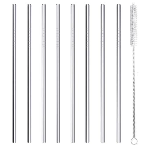 morneve Stainless Steel Straws Metal Reusable Drinking Straw for Juice Iced Coffee Cold Beverage Water Highball Glasses 20oz Tumblers Mugs Cups, 0.24" 6mm Wide 215mm Long, Set of 8 with Brush, Silver - Image 1