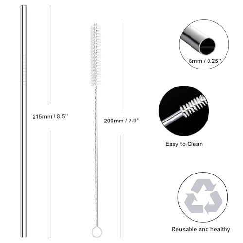 morneve Stainless Steel Straws Metal Reusable Drinking Straw for Juice Iced Coffee Cold Beverage Water Highball Glasses 20oz Tumblers Mugs Cups, 0.24" 6mm Wide 215mm Long, Set of 8 with Brush, Silver - Image 2