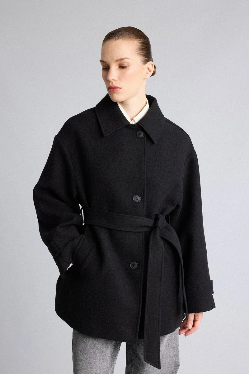 Regular Fit Belted Wool Blend Coat with Button Closure