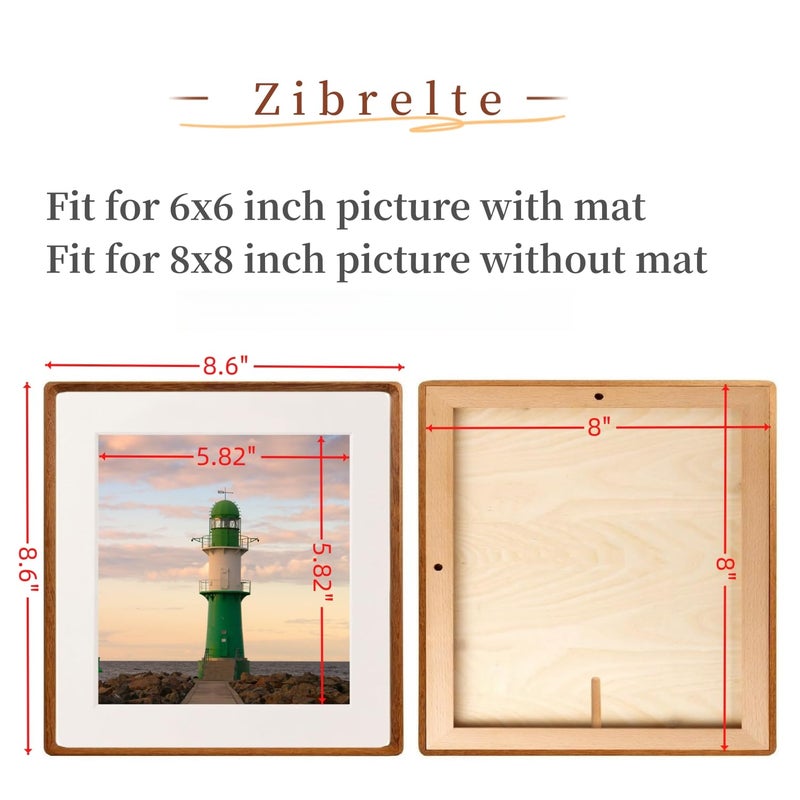 Zibrelte Natural 8x8 Picture Frames Wood with 6x6 Mat Square Wall Photo Frames 8 x 8 Made of Solid Teak Wood for Tabletop Gallery Wall Hanging - Image 2