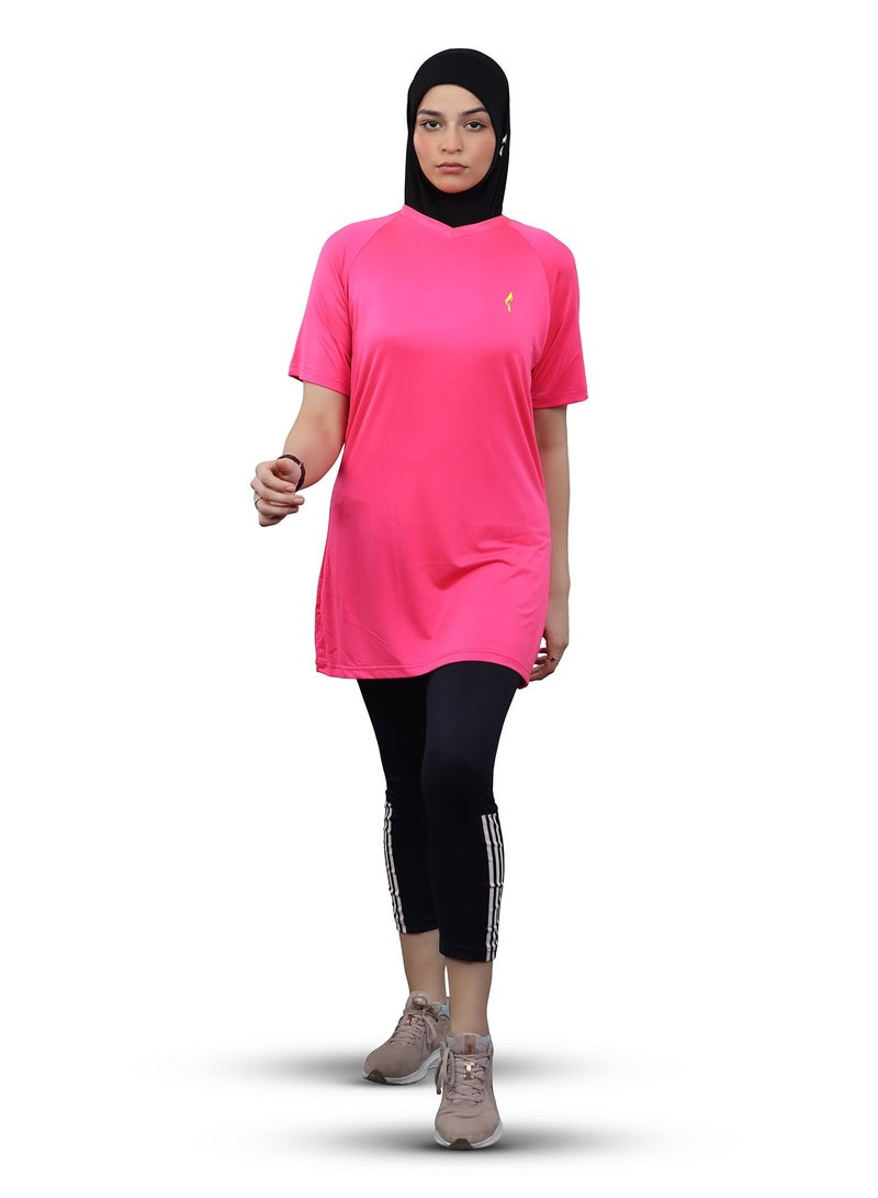 FLUSH Flush Women's Long and Loose V-Neck T-Shirt, Plus Size Modest Sports Tee, Casual Yoga Shirt  - Image 1