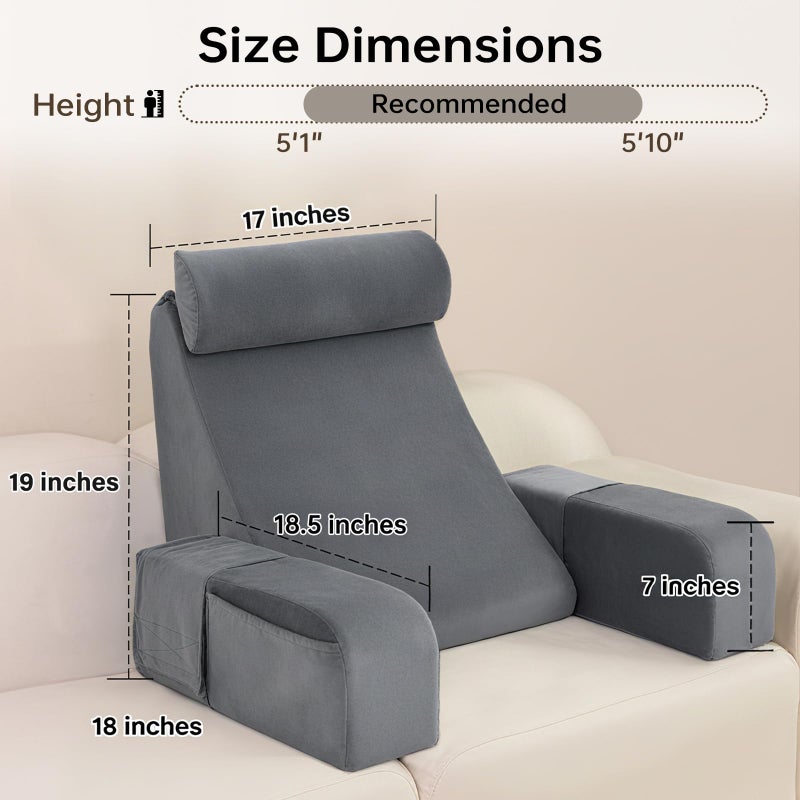 ENITYA Reading Pillow for Sitting in Bed Adult, 19" Back Support Pillow for Bed Sitting up, Backrest Cushion for Reclining,Gaming,Resting,Watching TV in Couch or Floor, Wedge with Arms, Medium(Grey) - Image 2