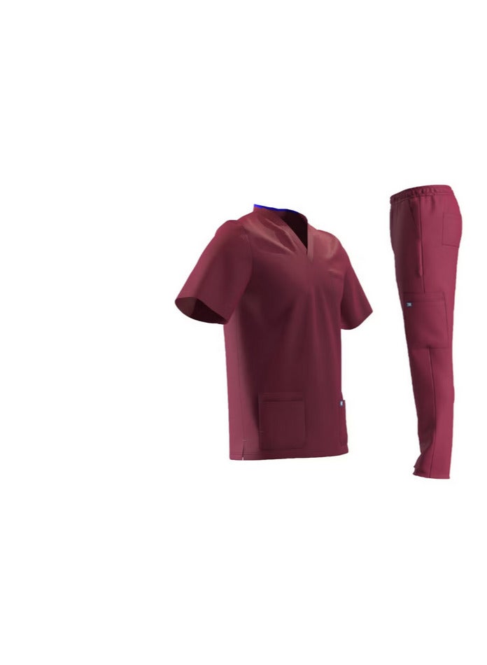 RZ Women's medical scrub in burgundy color, made of a high-quality blend of lycra and polyester. It is characterized by its extreme softness and comfort, making it ideal for medical environments. It consists of two pieces and provides excellent flexibility for movement throughout the day.  - Image 2