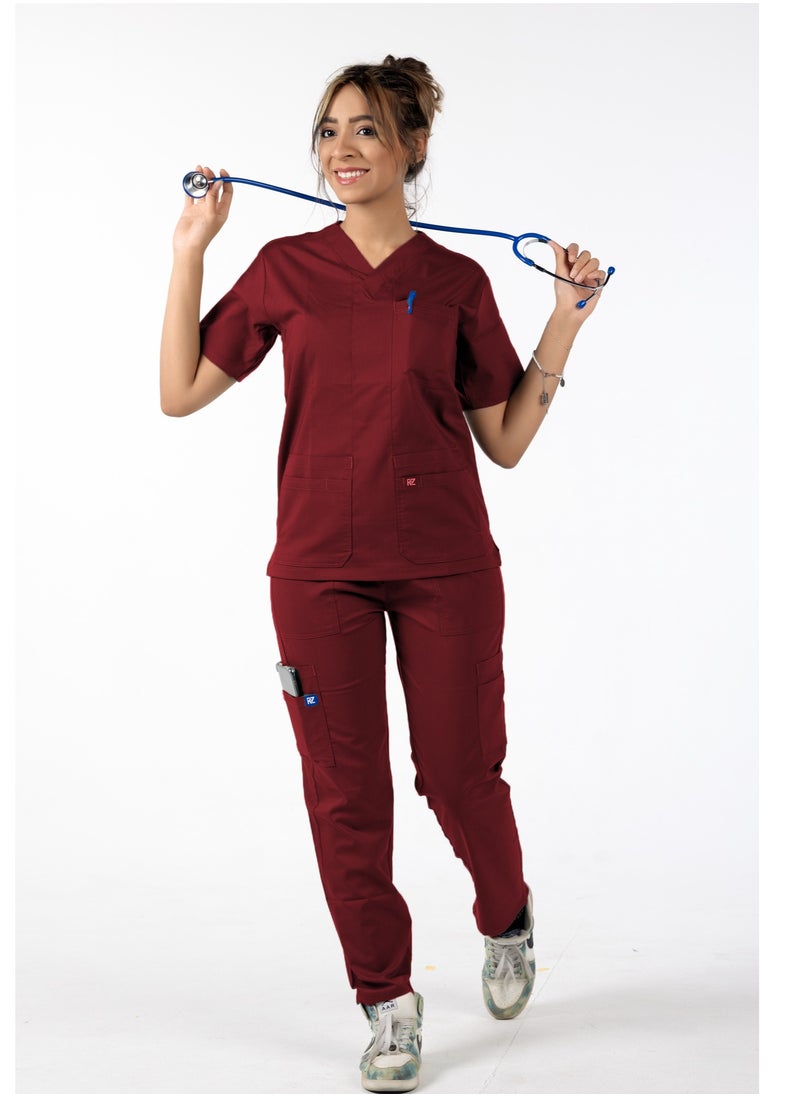 Women's medical scrub in burgundy color, made of a high-quality blend of lycra and polyester. It is characterized by its extreme softness and comfort, making it ideal for medical environments. It consists of two pieces and provides excellent flexibility for movement throughout the day. - pzsku/ZDCD14F33587EB90DCE84Z/45/_/1723223946/ad9b8c4d-1e9d-443a-81ba-317ff5864c77