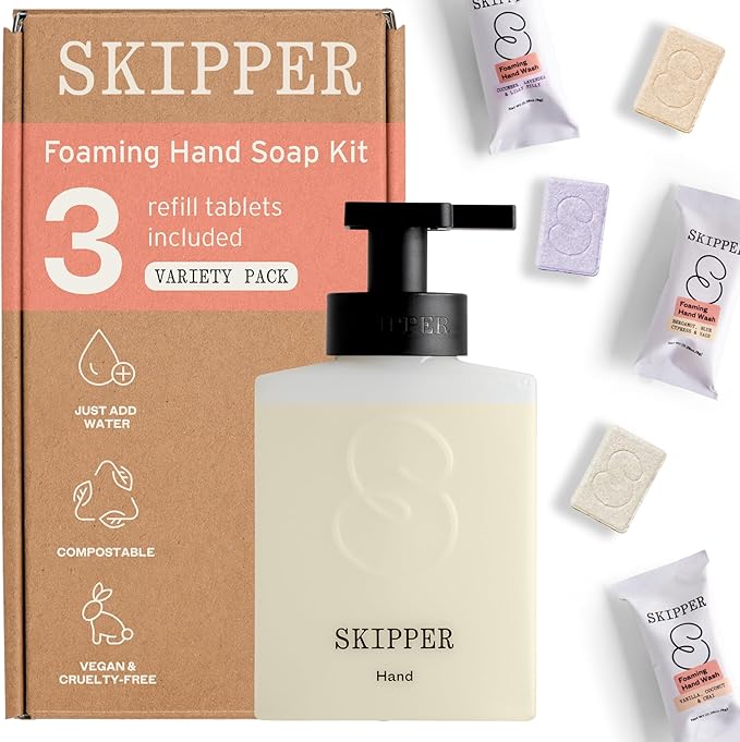 Tirtyl Skipper Hand Wash Duo Kit Glass 2 Glass Foaming Dispensers 6 Tablet Refills 6x 250ml bottles of soap 1 Storage Tin Variety Fragrances - Image 1