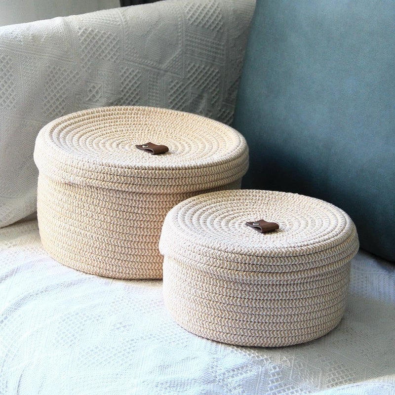 BOBBINY Household Hanging Organizer Basket Folding 100 Storage Bin for Living Room Bedroom Desk Cotton Rope Storage Basket with Lid Small 23X13cm OffWhite