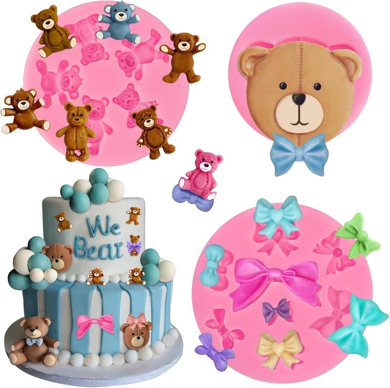 Roxjaejae 3 Pcs Bear Silicone Mold Fondant Bear Mold Candy Cake Bow Chocolate Molds for Cake Decoration, DIY Desserts, Cupcake, Fondant, Clay, Gum Paste - Image 1