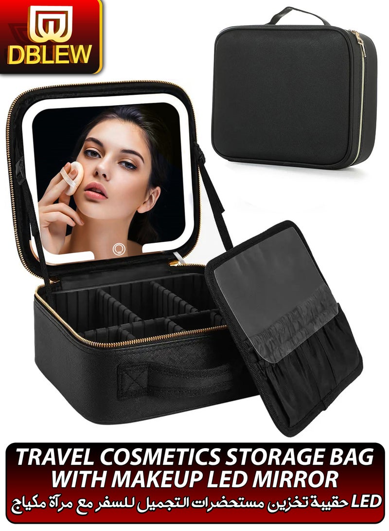 DBLEW Travel Cosmetics Storage Bag with Detachable LED Makeup Rechargeable Vanity Mirror Case for Women Beauty Tools Accessories Organizer Customizable Dividers & Brush Slots, Ideal Gift for Ladies Girls  - Image 1